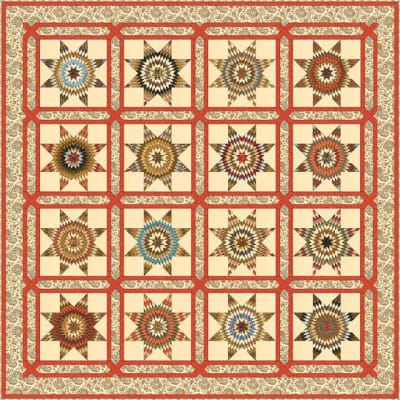 TEXAS Star Quilt Pattern by Laundry Basket Quilts  shows a traditional  star quilt in shades of many colors.