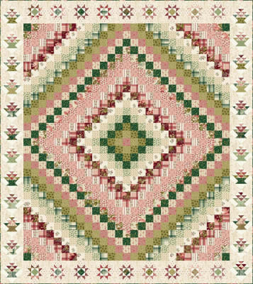 Joy Around the WorldQuilt Pattern by Laundry Basket Quilts shows a traditional "trip around the world" quilt set in tones of cream, pink and green.