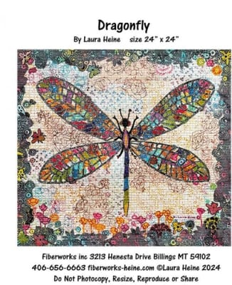 Dragonfly Collage Quilt Pattern by Laura Heine by Laura Heine  shows a dragonfly with stain glass looking wings and a colorful undulating border.