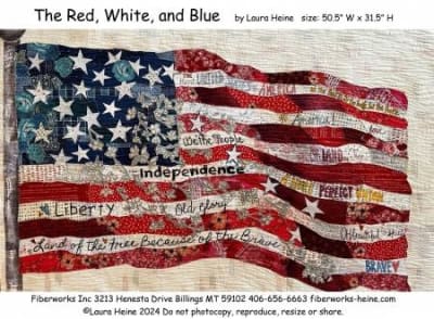 The Red White and Blue Flag Collage Quilt Pattern shows an American Flag rippling in a breeze.