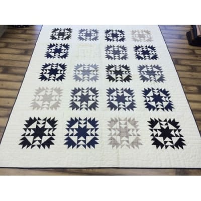 This quilt image shoes an antique looking blue and white quilt with star blocks on a cream background.