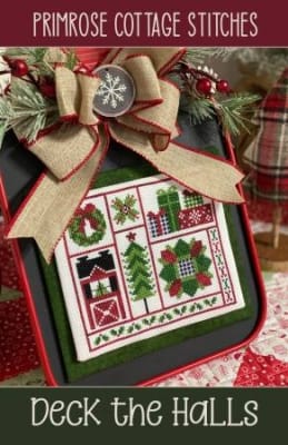 Deck the Halls Cross Stitch Pattern  from Primrose Cottage Stitches Cottage Stitches shows a red car and Christmas trees in a holiday Christmas cross stitch sampler, and Christmas wreaths to deck out your home for the holidays.
