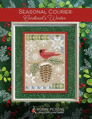 Cardinal's Winter  Cross Stitch Pattern by Robin Pickens shows a cardinal perched on a pine cone.