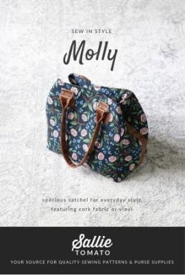 Molly Satchel Bag Pattern by Sallie Tomato shows a medium size curvy bag, that can be a crossbody bag if desired  in a pretty fabrics for a chic modern look.