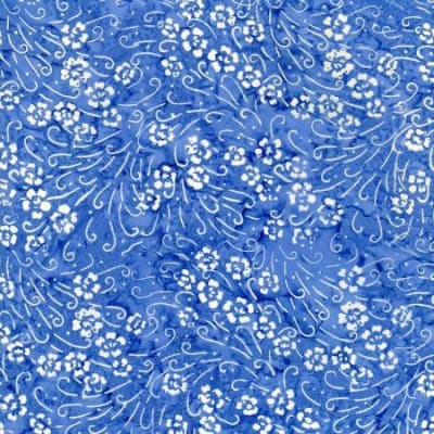 TONGA BLUEBELL BATIK Celestial Happy Flower Bursts # B8577-CELESTIAL shows a small floral motif in shades vibrant blue and white.
