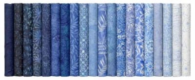 TONGA BLUEBELL BATIK HALFYARD CUTS BUNDLE shows all twenty fabrics from dark to light in the Tonga Bluebell Collection.