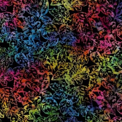 TONGA Rainbow Packed Leaves B3276-RAINBOW  shows a  leafy motif  in shadesmutiple colors on a black background.