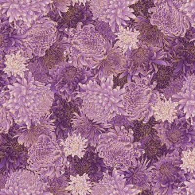 Shizuka Purple Packed Metallic Chrysanthemum Metallic shows a an elegant large  floral motif fabric with beautiful purple  flowers in different shades.