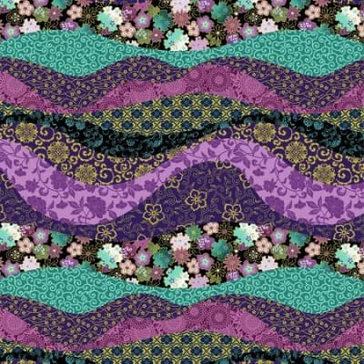 Shizuka Multi Asian Collage Stripe Metallic  shows a wavy overlapping striped motif fabric with multi colors.