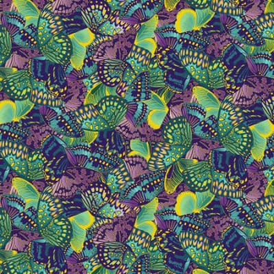 Shizuka Multi Packed Butterfly Wings Metallic shows a beautiful array of butterflies in multiple shades ofpurple,blue and green on a black background in a densly packed design