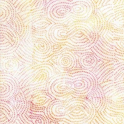 B3137-CORALfrom the Tonga Batik Sunset Collection shows a pattern of dots in the shape of a figure eight on a light white ground, with the motif in fuschia and peach.