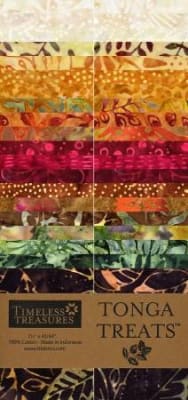 Tonga Treats Batik CIDER Strip Pack by Timeless Treasures shows a package of fall colored apple cider jelly roll strips.