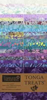 Tonga Treats Batik PARADISE  Strip Pack by Timeless Treasures shows a strip pack of 2 1/2" strips in blues, teals, lavenders and purples.