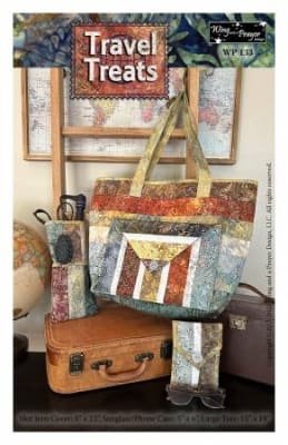 Travel Treats Tote Bag Pattern  by Wing & A Prayer shows a suitcase with a pretty tote bag sitting on it as well as the sunglass/phone case and the hot iron bag.