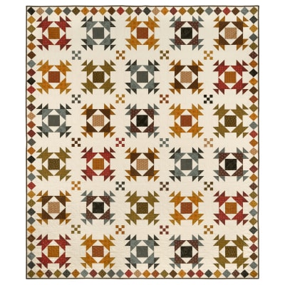 The cover shows a quilt in a variety of colors with a pieced border.
