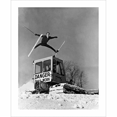 Vintage photo of Ski Patrol Jumping over a Snowcat (Black & White or Sepia, 2 Sizes: 8 x 10 and 11 x 14 inches)