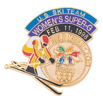 1998 Nagano Olympics Women's Super G Gold Metal Collector's Ski Pin. Size 1 1/2 in x 1 1/2 in