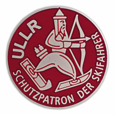Ullr Red Cloisonne Ski Pin, 1 inch diameter