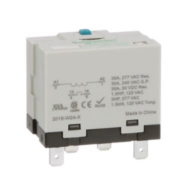 Schneider Electric 725AXXBM4L-24D Power relay 30A 1NO 24VDC LED flag indicator locking push button blade terminal plug-in socket mount industrial component
