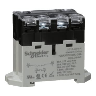 Schneider Electric 725AXXSC3ML-24A Power relay 30A 1NO 24VAC LED push button screw terminals DIN or panel mount industrial component