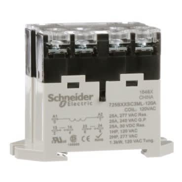 Schneider Electric 725BXXSC3ML-120A Power relay 25A 2NO 120VAC LED push button screw terminals DIN or panel mount industrial component