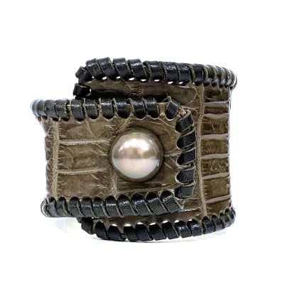 Metairie Tahitian Pearl and Alligator Hide Cuff Bracelet