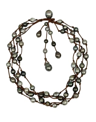 photo of Wendy Mignot Music Four Strand Tahitian Pearl and Leather Necklace with knots