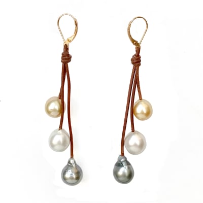 photo of Wendy Mignot Fusion Tri-Color South Sea Pearl and Leather Three Drop Earrings