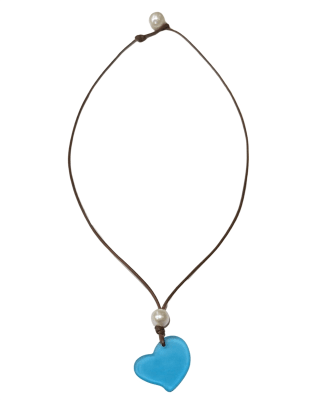 Fine Pearls and Leather Jewelry by Designer Wendy Mignot | Coastline Grove Aqua Blue Sea Glass Necklace