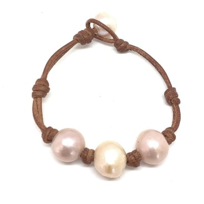 photo of Wendy Mignot Daisy Three Pearl Freshwater Pearl and Leather Bracelet with Knots Blush