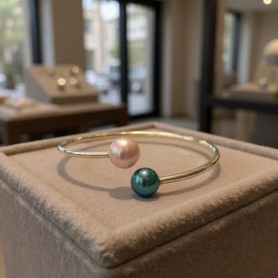 photo of Wendy Mignot Adjustable Gold-filled Natalie Bangle with Tahitian and Freshwater Pearls (Black and Pink)