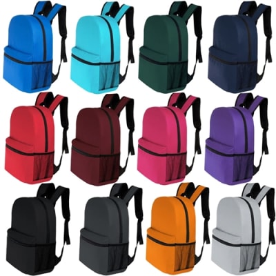 17 Inch Kids Backpack 12 Assorted Colors with Mesh Side Pocket- Case of 24