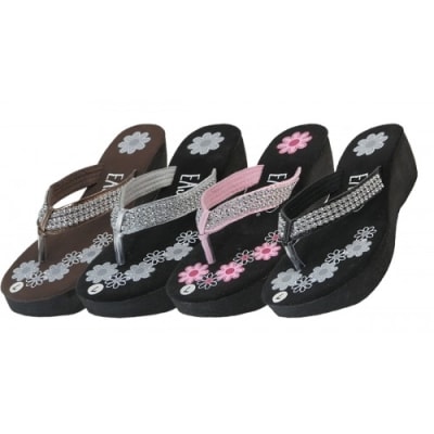 Wholesale Women's Flower Print With Rhinestone Look Wedge Flip Flops  Case Pack 24