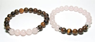 FB-01  STONE BEAD FRIENDHIP STRETCH BRACELET IN ROSR QUARTZ & TIGER EYE