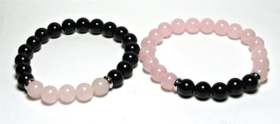 FB-04  STONE BEAD FRIENDHIP STRETCH BRACELET IN ROSE QUARTZ & ONYX (7 1/2)