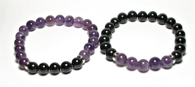 FB-09  STONE BEAD FRIENDHIP STRETCH BRACELET IN AMETHYST & TOURMALINE (7 1/2")