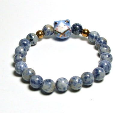 SB-100-STONE 8mm ROUND BEAD BRACELET IN BLUE CAT DESIGN-7 1/2"