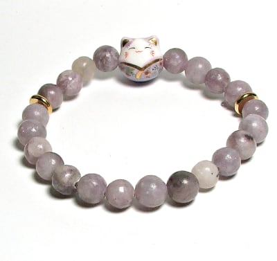 SB-102-STONE 8mm ROUND BEAD BRACELET IN PURPLE CAT DESIGN-7 1/2"