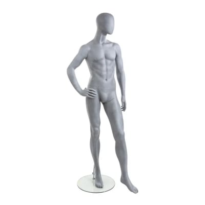 Patrick Abstract Male Mannequin in Slate Gray Standing Pose on Tempered Glass Base