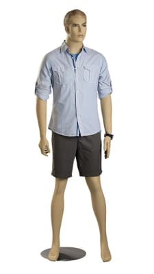 Full-size male mannequin with molded blonde hair and chrome base from Zing Display