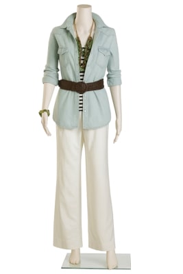 Plastic headless white glossy female mannequin with hands to side on clear glass base