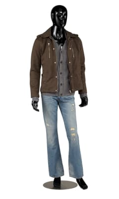 Glossy black abstract male fiberglass mannequin on brushed chrome base displaying menswear