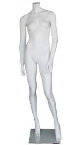 Matte white fiberglass female headless mannequin in an elegant pose, used for apparel display and supported by a tempered glass base.