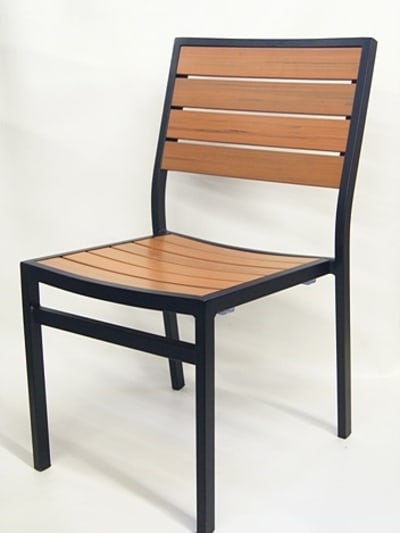 Outdoor cafe bistro chair with teak natural slats and black metal frame