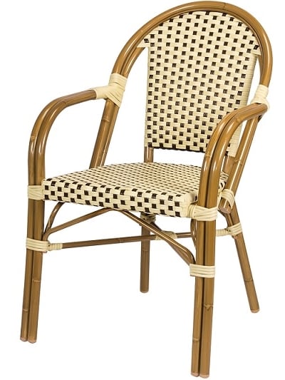 Rattan Bistro Aluminum Arm Chairs; CrÃ¨me Chocolate