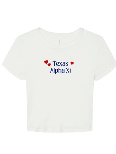 White Baby Tee - Texas Script (Pink)- Alpha Xi Delta