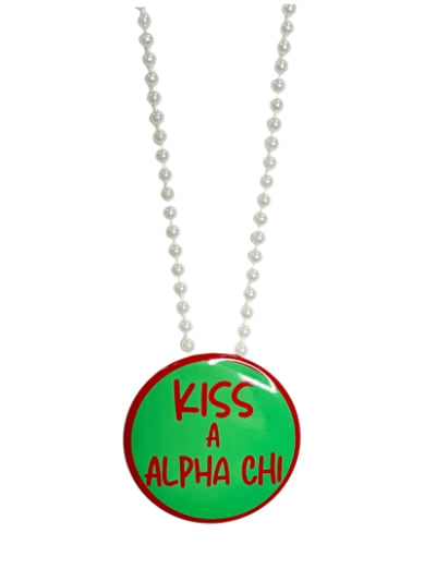 Pin Necklace - Kiss A Alpha Chi (green) -White Beads