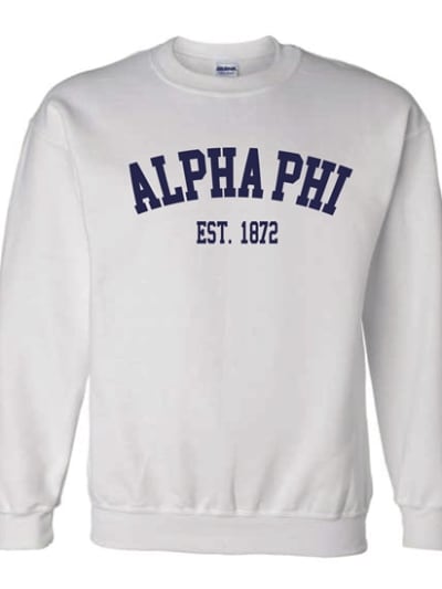 White Sweatshirt (Varsity) Navy Print- Alpha Phi