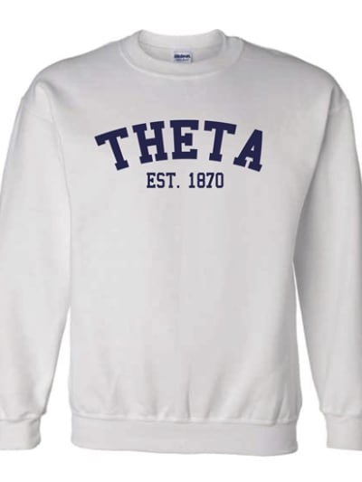 White Sweatshirt (Varsity) Navy Print- Theta
