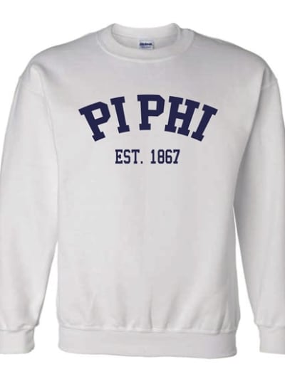 White Sweatshirt (Varsity) Navy Print- Pi Phi